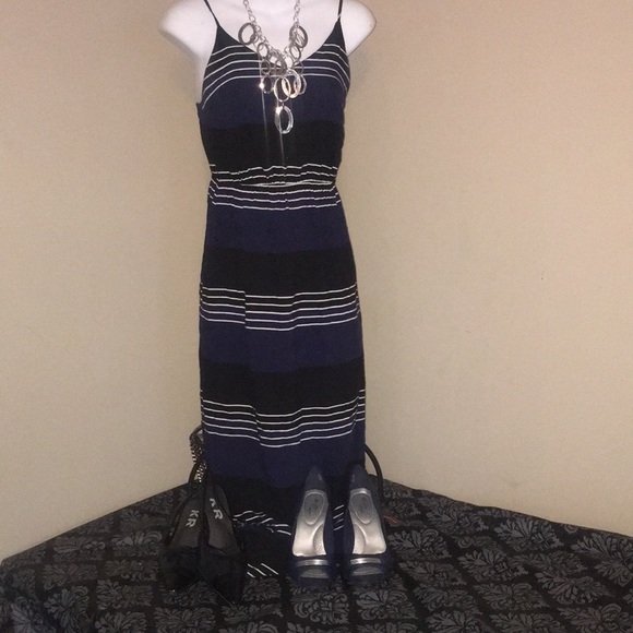 Navy Black and White strip Maxi Dress Sz XS - Picture 2 of 9